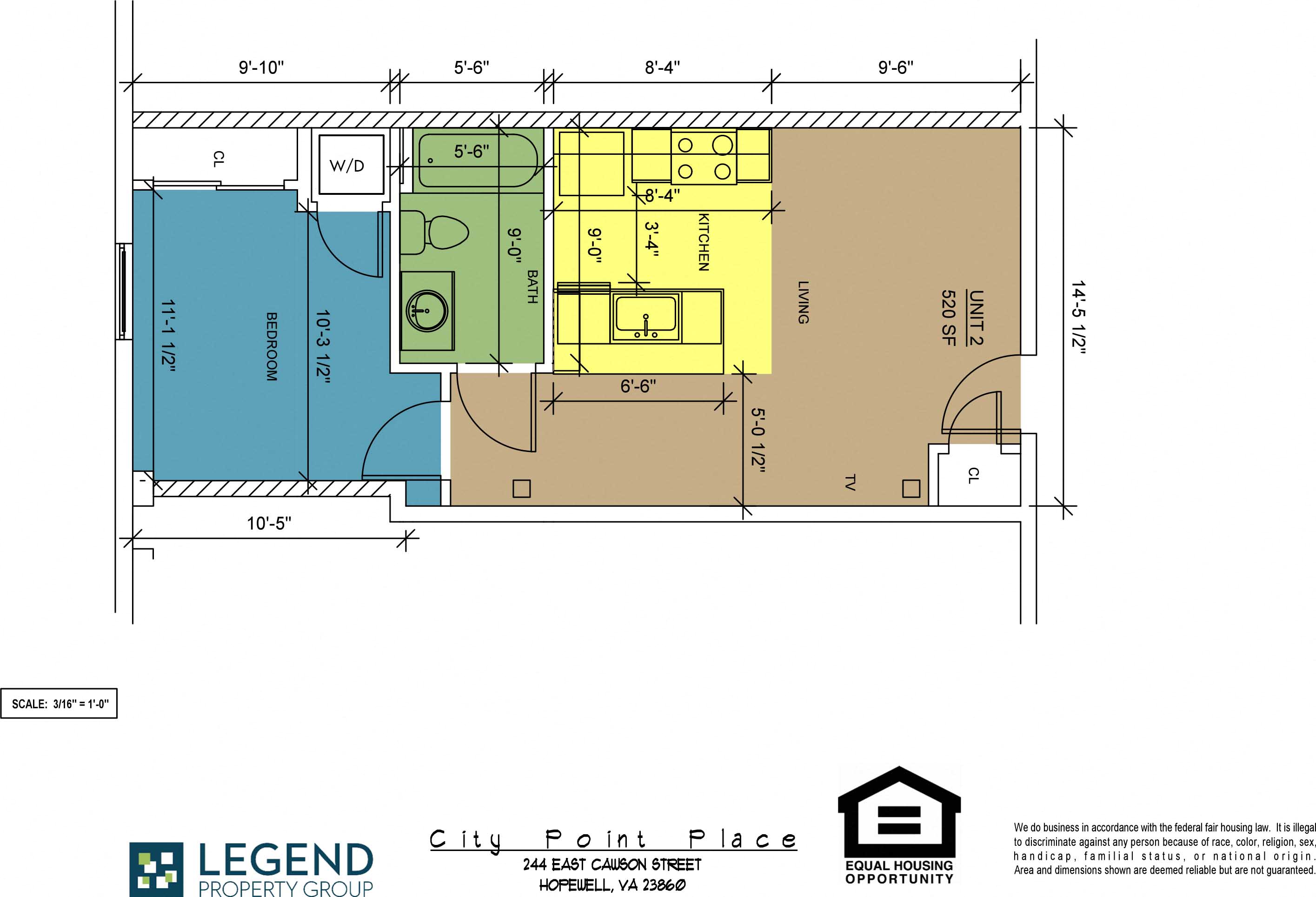 Floor plan for 1 bed, 1 bath, 520 sqft